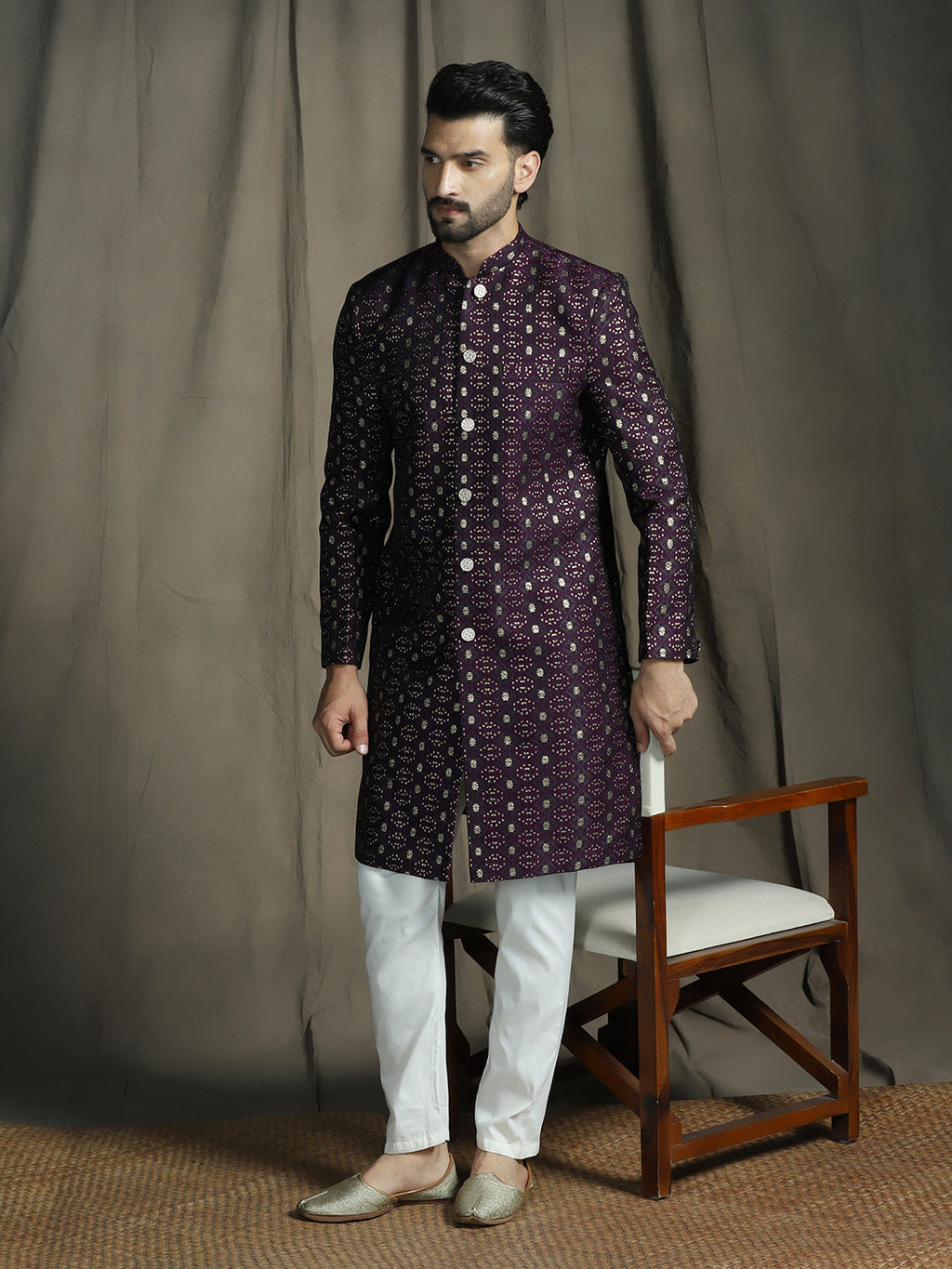 Zavaya Purple Embroidery Jacquard Sherwani Pyjama Set for Men | Grocsy