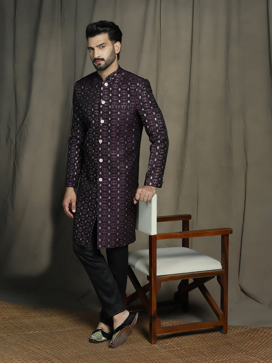 Zavaya Purple Embroidery Jacquard Sherwani Pyjama Set for Men | Grocsy