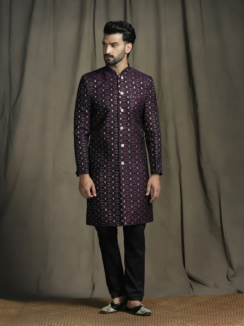 Zavaya Purple Embroidery Jacquard Sherwani Pyjama Set for Men | Grocsy