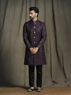 Zavaya Purple Embroidery Jacquard Sherwani Pyjama Set for Men | Grocsy