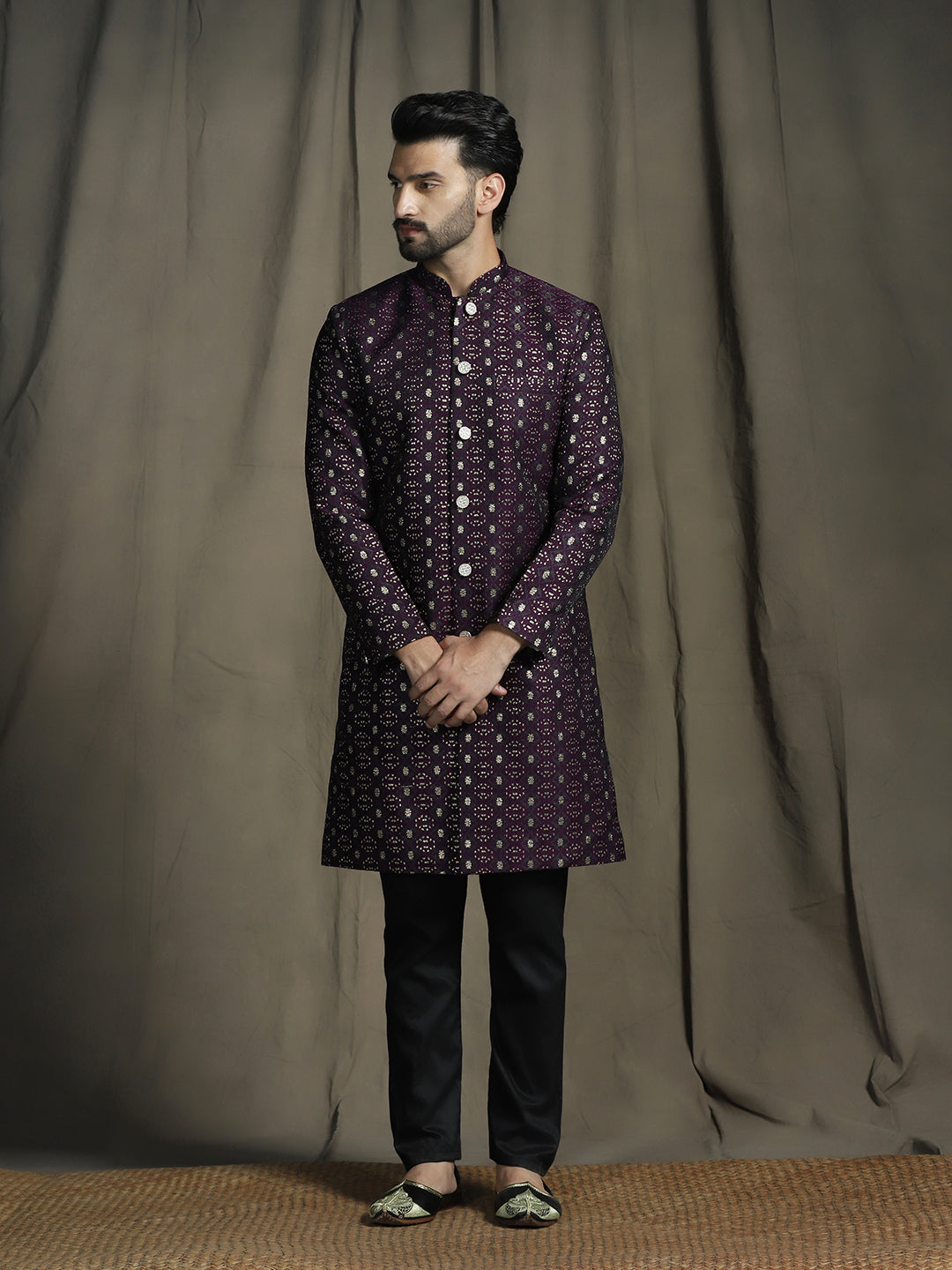 Zavaya Purple Embroidery Jacquard Sherwani Pyjama Set for Men | Grocsy