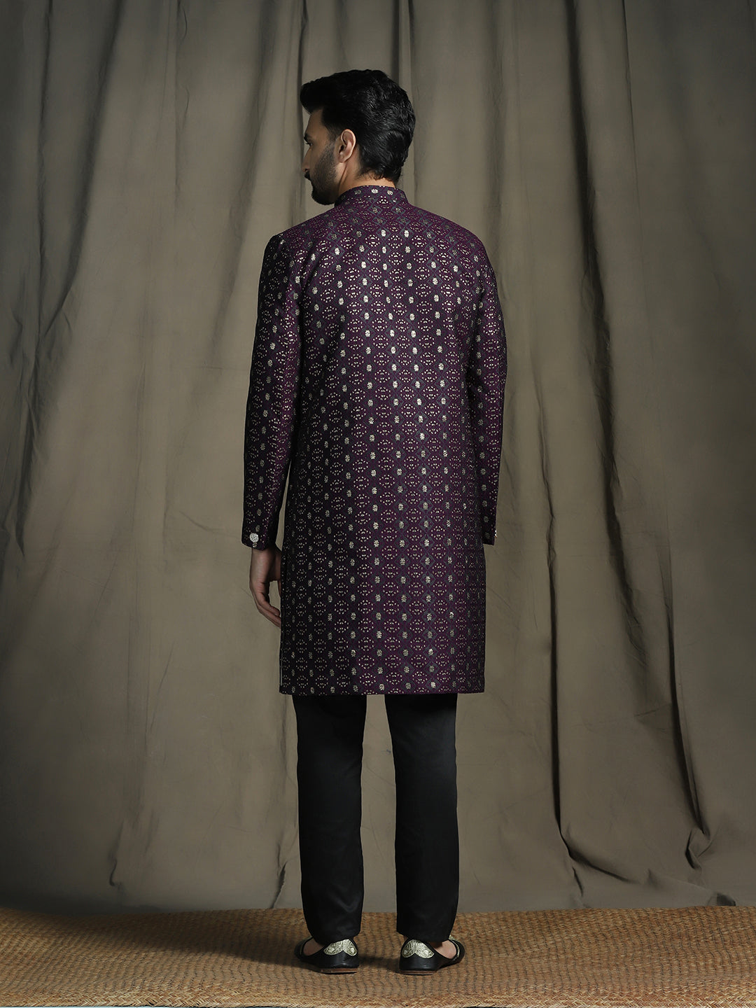 Zavaya Purple Embroidery Jacquard Sherwani Pyjama Set for Men | Grocsy