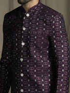 Zavaya Purple Embroidery Jacquard Sherwani Pyjama Set for Men | Grocsy