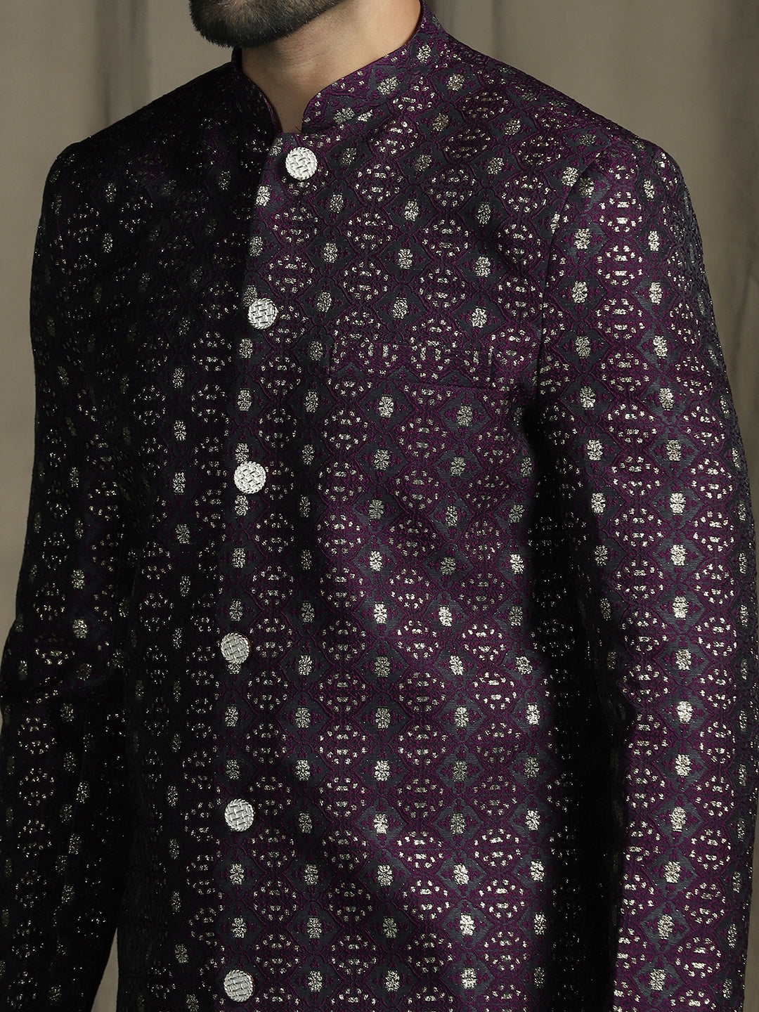 Zavaya Purple Embroidery Jacquard Sherwani Pyjama Set for Men | Grocsy
