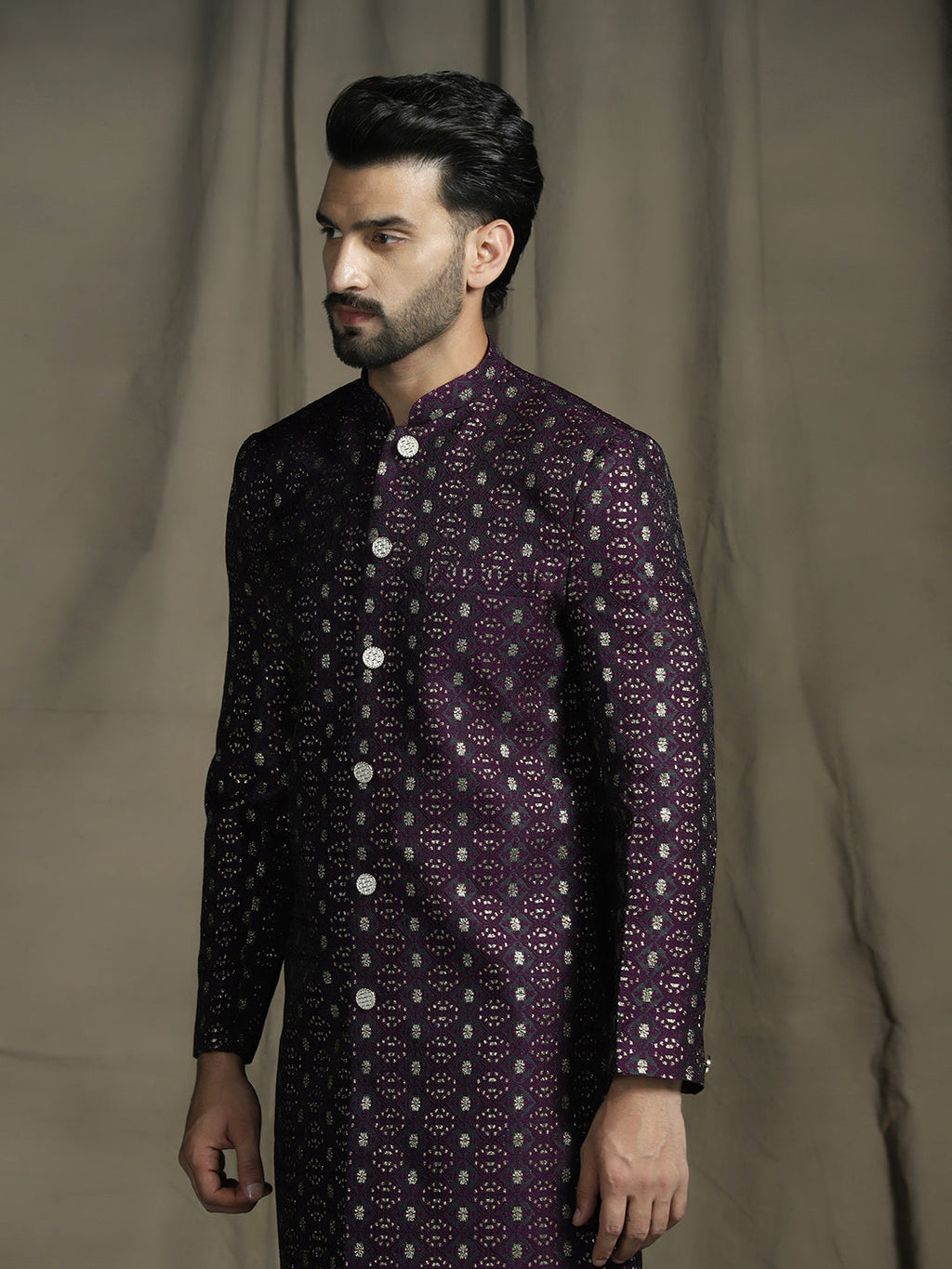Zavaya Purple Embroidery Jacquard Sherwani Pyjama Set for Men | Grocsy