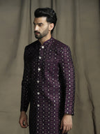 Zavaya Purple Embroidery Jacquard Sherwani Pyjama Set for Men | Grocsy