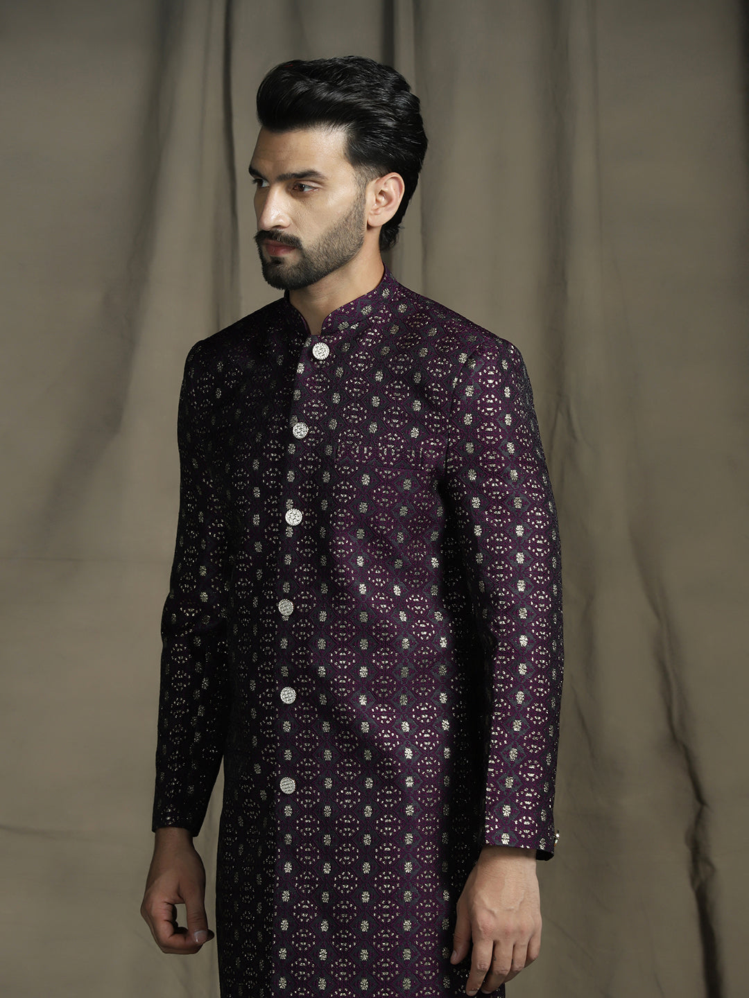 Zavaya Purple Embroidery Jacquard Sherwani Pyjama Set for Men | Grocsy