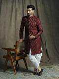 Zavaya Maroon Embroidery Jacquard Sherwani Dhoti Set for Men | Grocsy