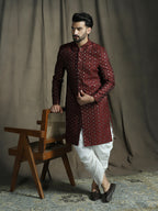 Zavaya Maroon Embroidery Jacquard Sherwani Dhoti Set for Men | Grocsy
