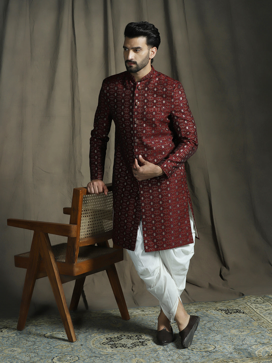 Zavaya Maroon Embroidery Jacquard Sherwani Dhoti Set for Men | Grocsy