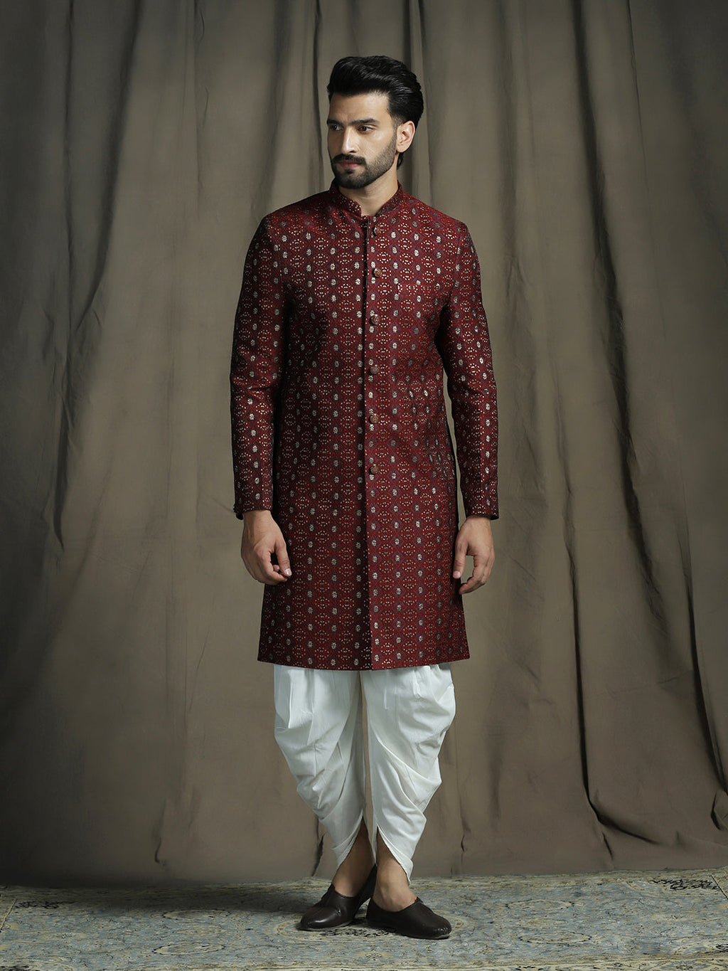 Zavaya Maroon Embroidery Jacquard Sherwani Dhoti Set for Men | Grocsy
