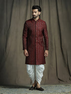 Zavaya Maroon Embroidery Jacquard Sherwani Dhoti Set for Men | Grocsy