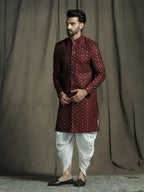 Zavaya Maroon Embroidery Jacquard Sherwani Dhoti Set for Men | Grocsy