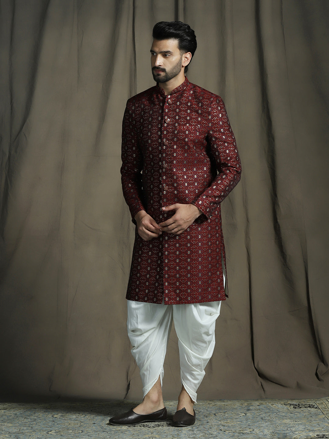 Zavaya Maroon Embroidery Jacquard Sherwani Dhoti Set for Men | Grocsy