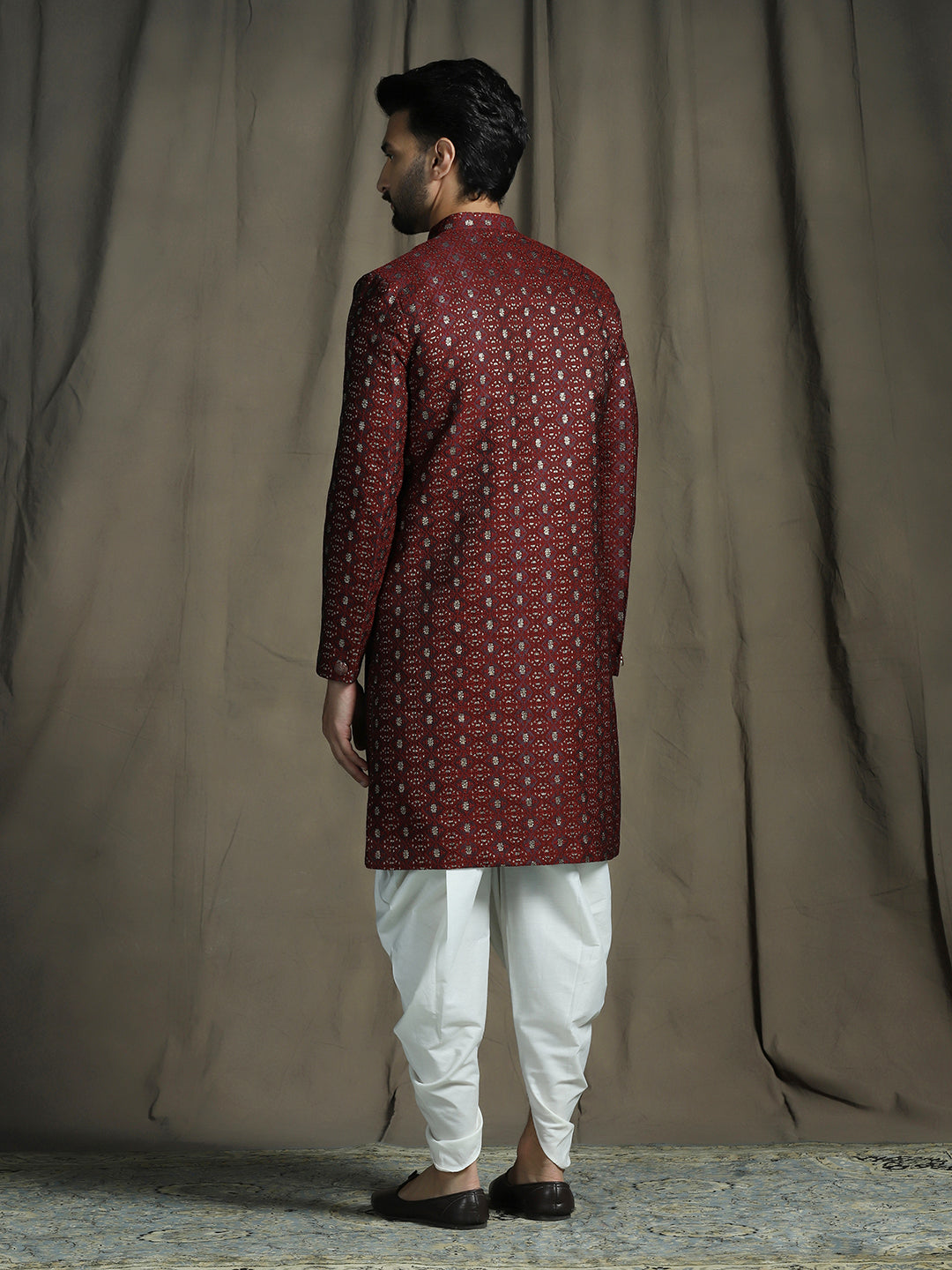 Zavaya Maroon Embroidery Jacquard Sherwani Dhoti Set for Men | Grocsy