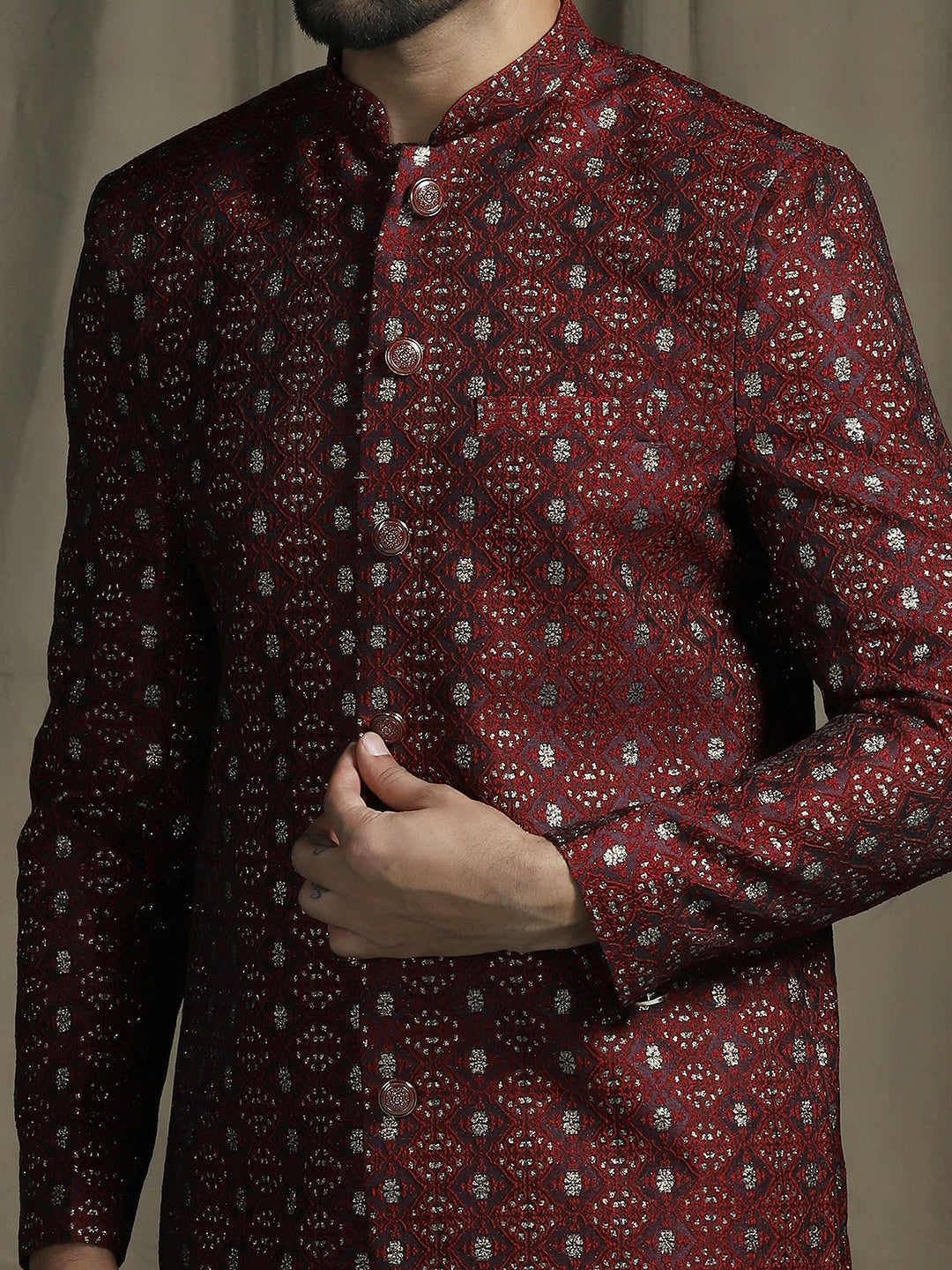 Zavaya Maroon Embroidery Jacquard Sherwani Dhoti Set for Men | Grocsy