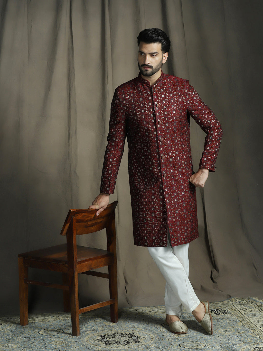 Zavaya Maroon Embroidery Jacquard Sherwani Pyjama Set for Men | Grocsy