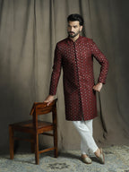 Zavaya Maroon Embroidery Jacquard Sherwani Pyjama Set for Men | Grocsy