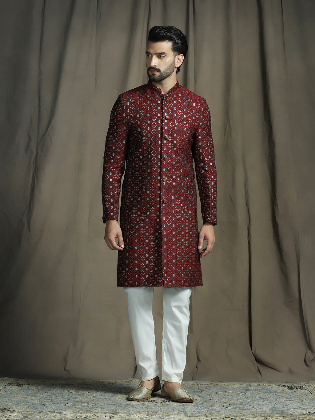 Zavaya Maroon Embroidery Jacquard Sherwani Pyjama Set for Men | Grocsy