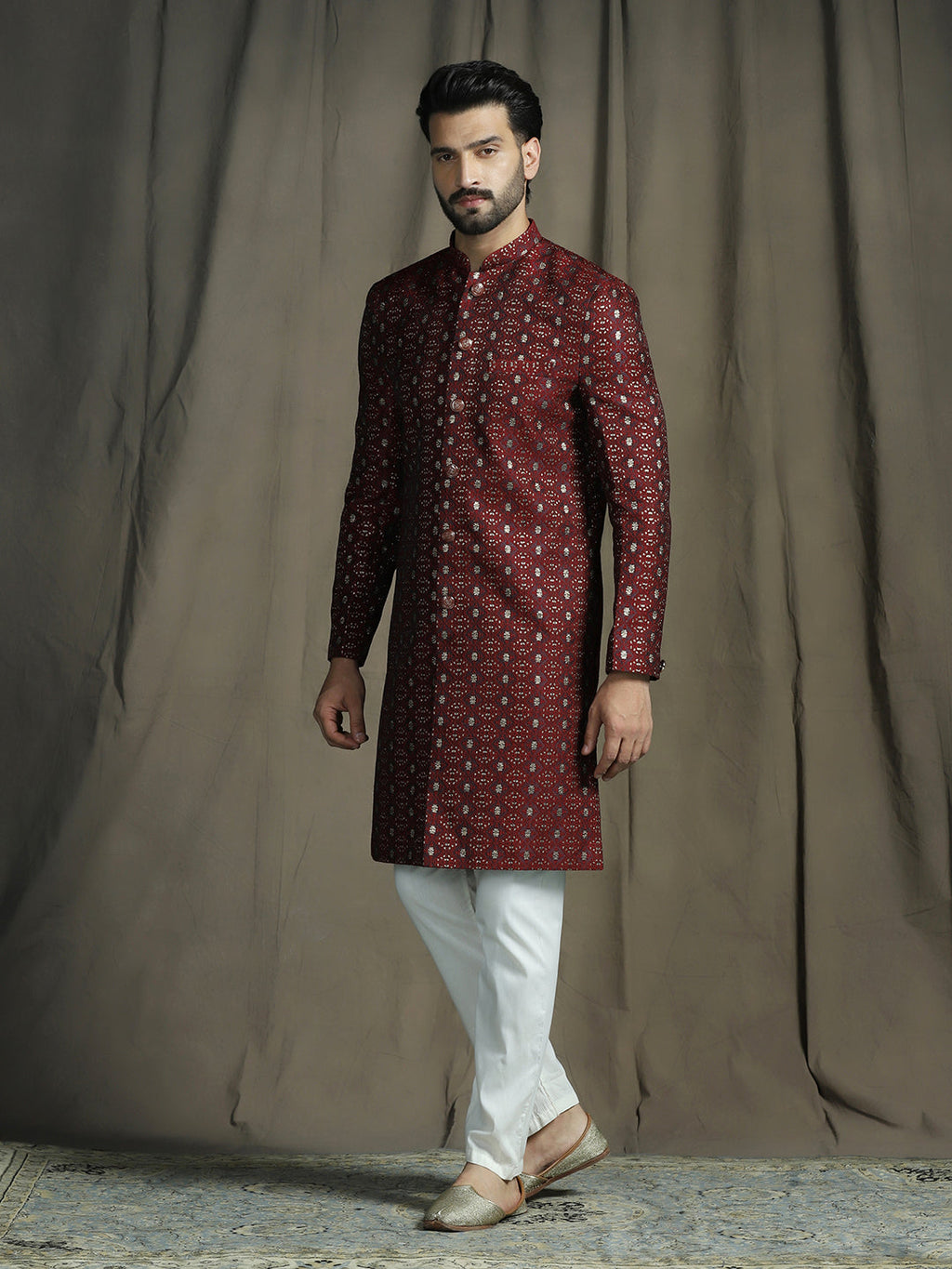 Zavaya Maroon Embroidery Jacquard Sherwani Pyjama Set for Men | Grocsy