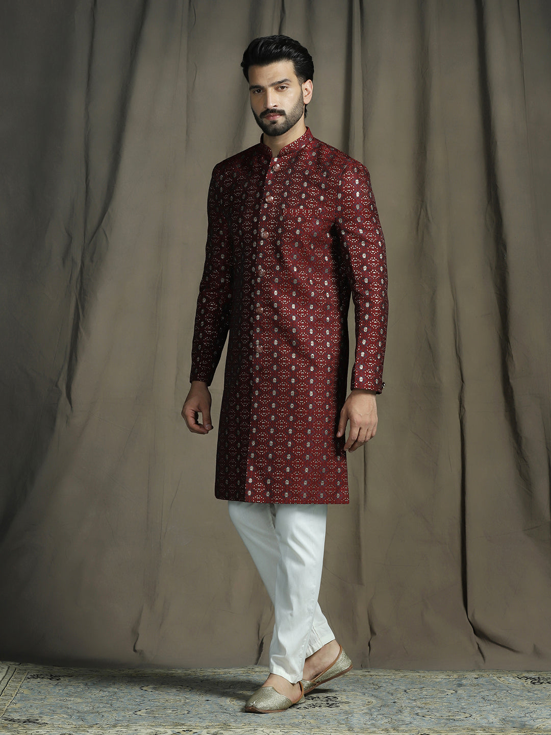Zavaya Maroon Embroidery Jacquard Sherwani Pyjama Set for Men | Grocsy