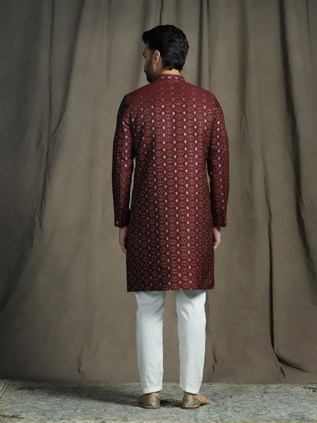 Zavaya Maroon Embroidery Jacquard Sherwani Pyjama Set for Men | Grocsy