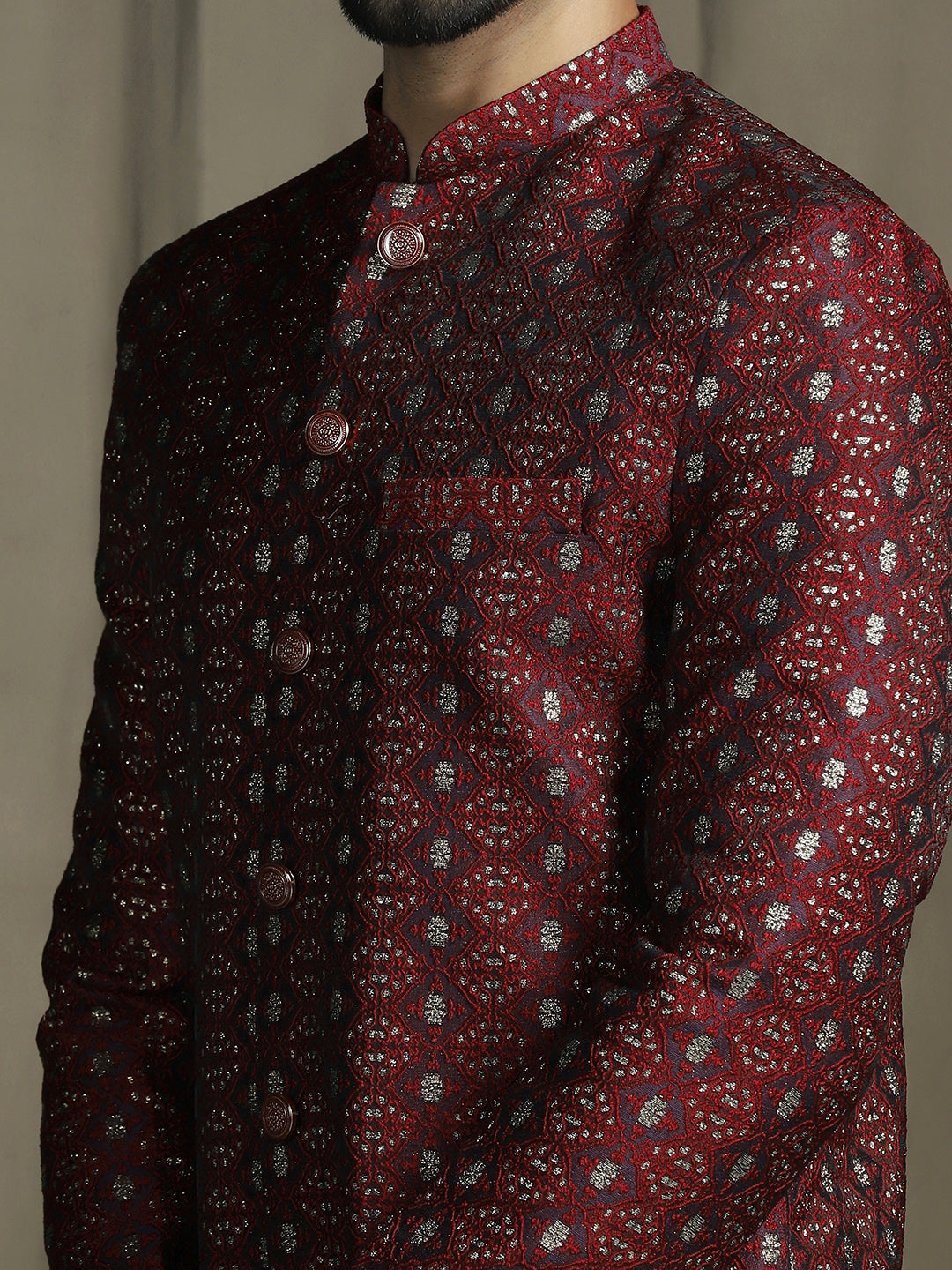 Zavaya Maroon Embroidery Jacquard Sherwani Pyjama Set for Men | Grocsy