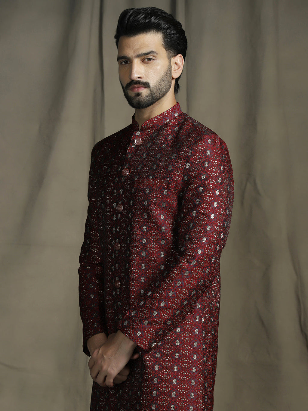 Zavaya Maroon Embroidery Jacquard Sherwani Pyjama Set for Men | Grocsy
