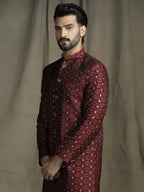 Zavaya Maroon Embroidery Jacquard Sherwani Pyjama Set for Men | Grocsy
