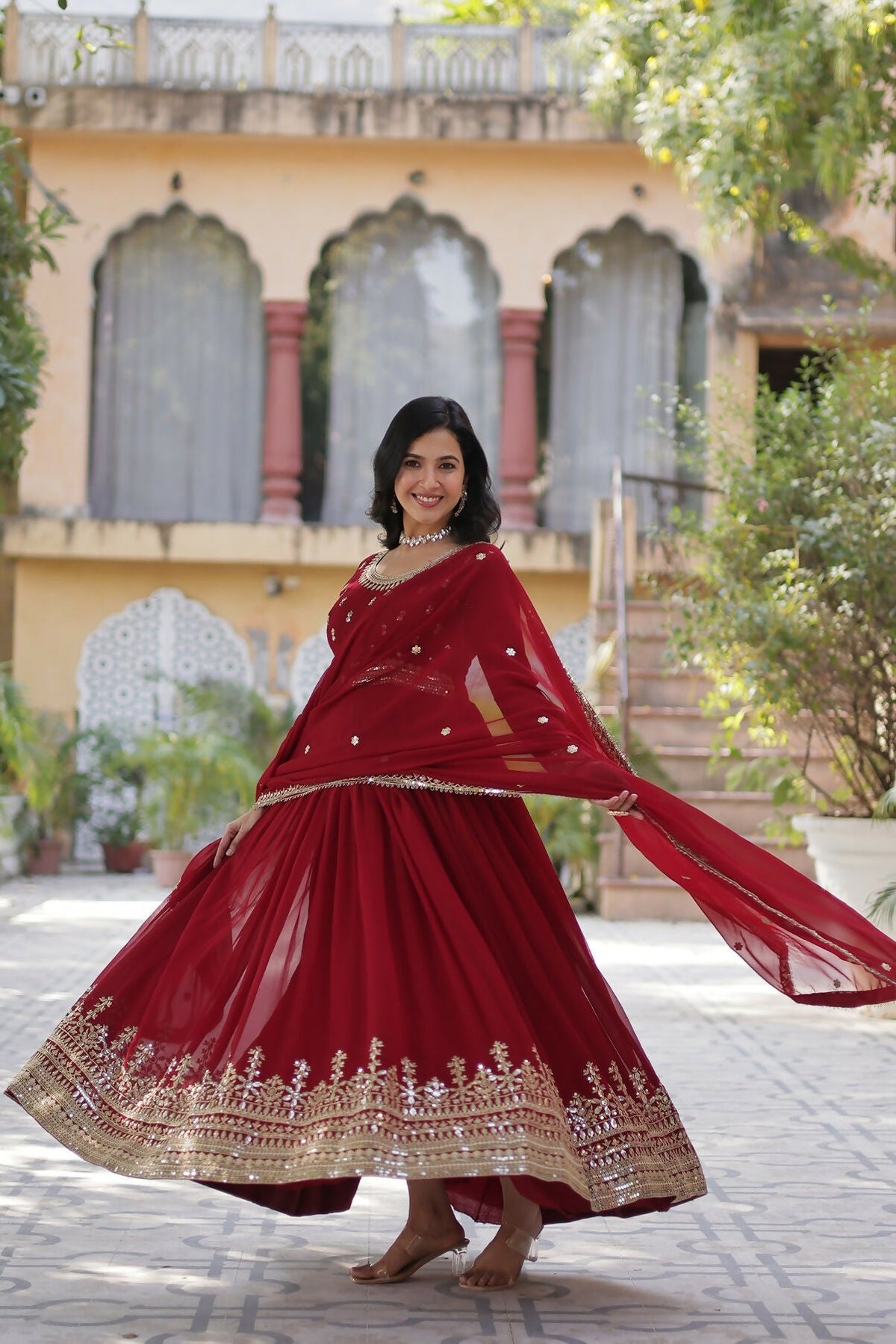 Joban Fashion Maroon Georgette Sequence Embroidery Work Kurta Set | Grocsy