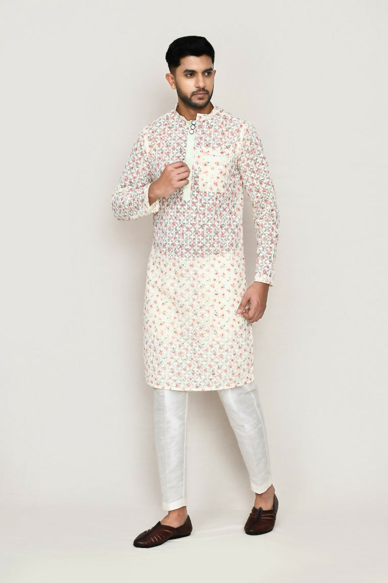 Joban Fashion Green Colored Georgette Based With Full Thread Work Fabric Kurta With Straight Fit Pant | Grocsy