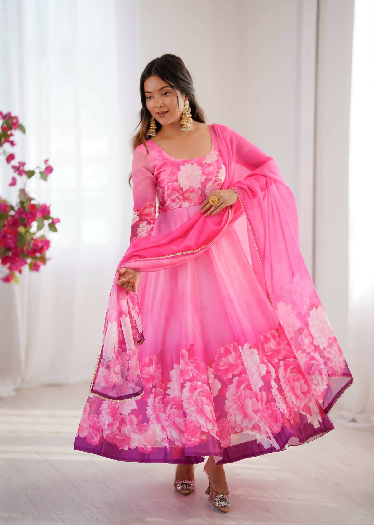 Teeya Creation Womens New Organza Soft Taby Silk Heavy Quality Fabric With Digital Print Pink Gown Set | Grocsy