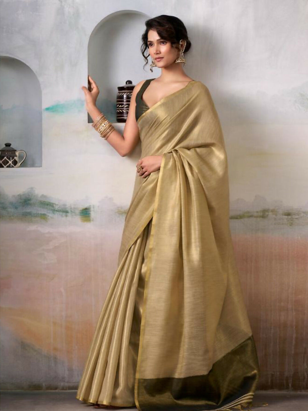Shree Shyam Fashion Tissue Silk Golden Saree | Grocsy