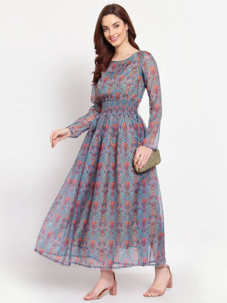 Myshka Women's Multi Printed Organza Full Sleeve Round Neck Casual Maxi Dress | Grocsy