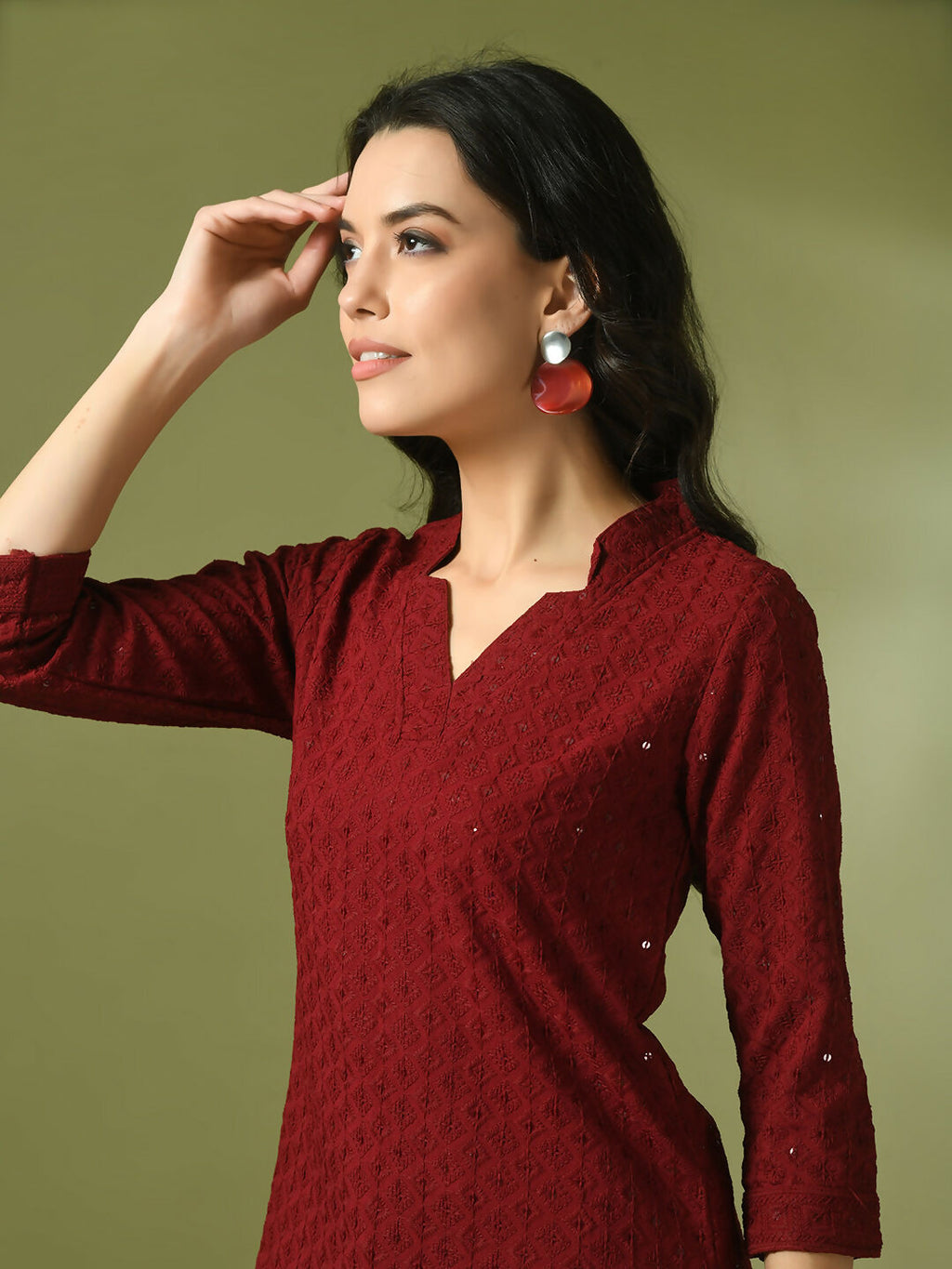 Myshka Women's Maroon Embellished Cotton Regular Party Tunic | Grocsy