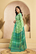 Vastranavya Mint Green Digital Printed Linen Ready To Wear Designer Saree with Unstitched Blouse | Grocsy