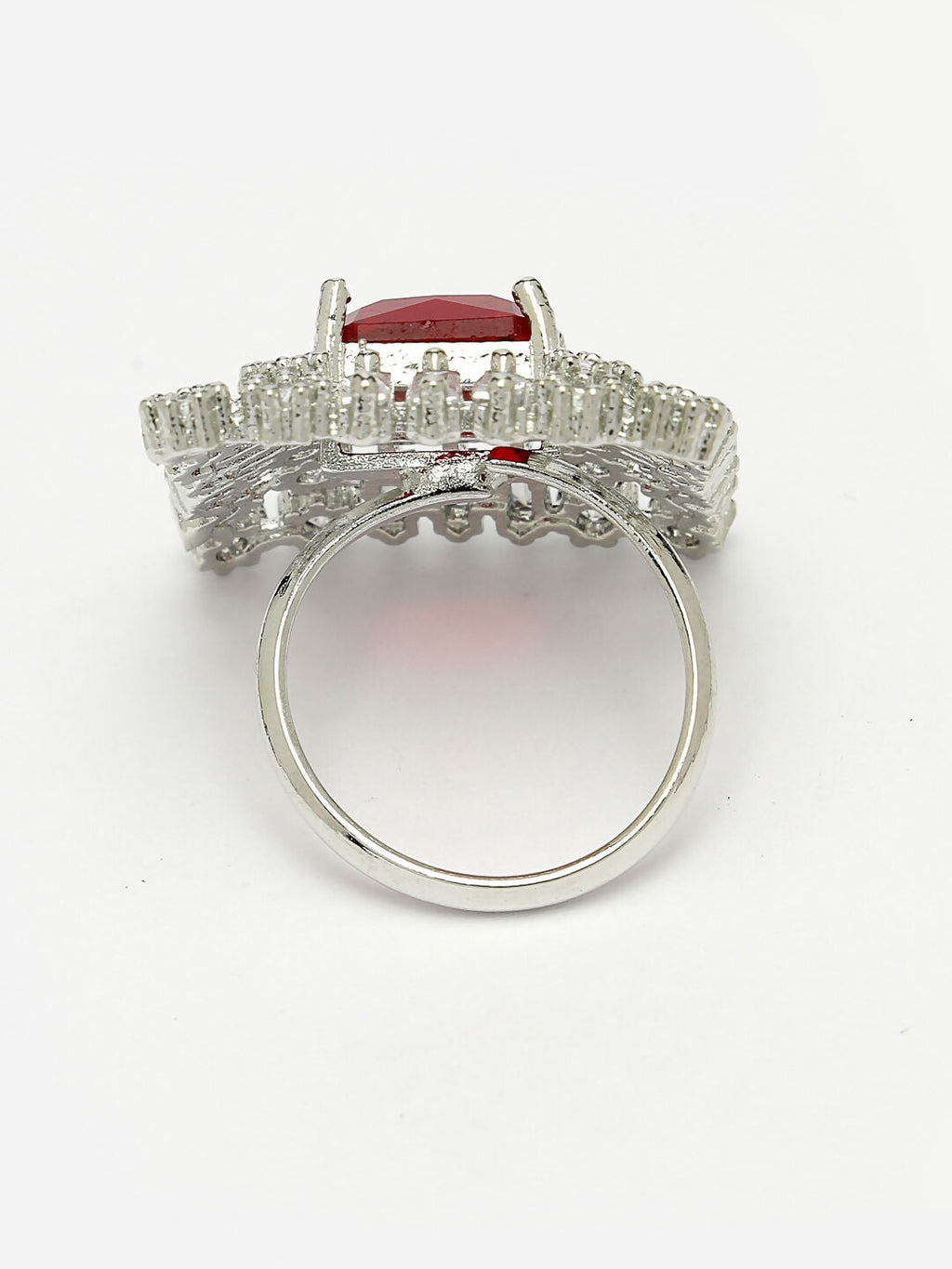 NVR Women's Red & Silver CZ-Studded Square-Shaped Adjustable Finger Ring | Grocsy