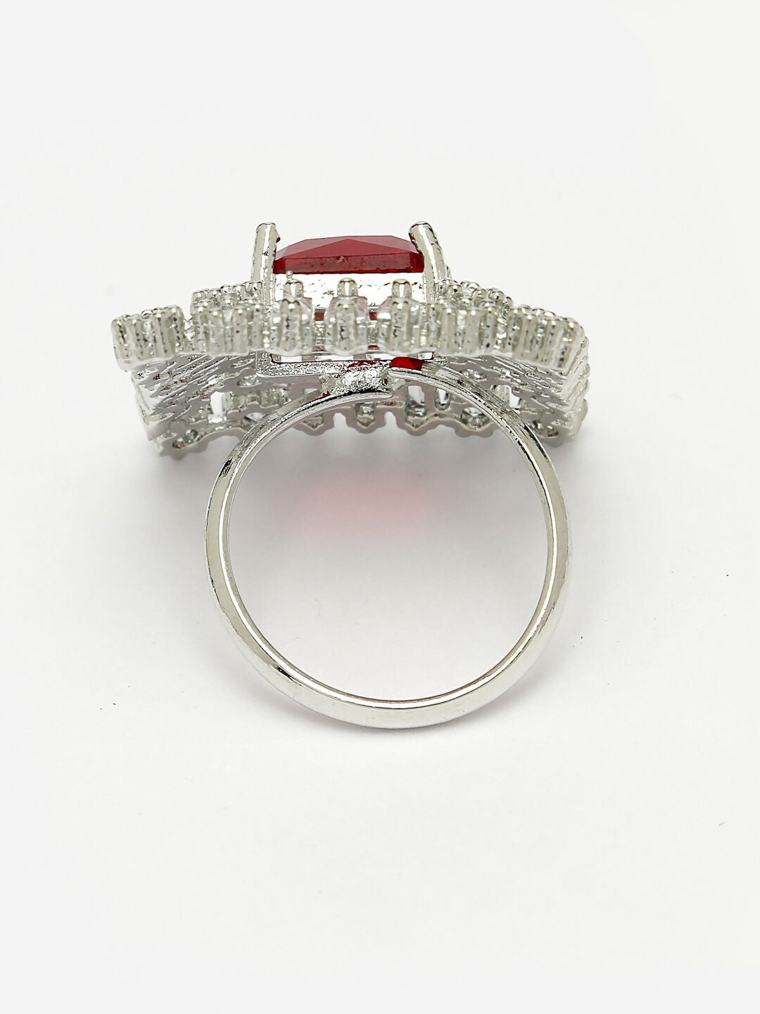 NVR Women's Red & Silver CZ-Studded Square-Shaped Adjustable Finger Ring | Grocsy