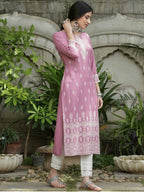 Indian Clothing Cheera Embellished Daily Wear Cotton Blend Kurta - Baby Pink | Grocsy