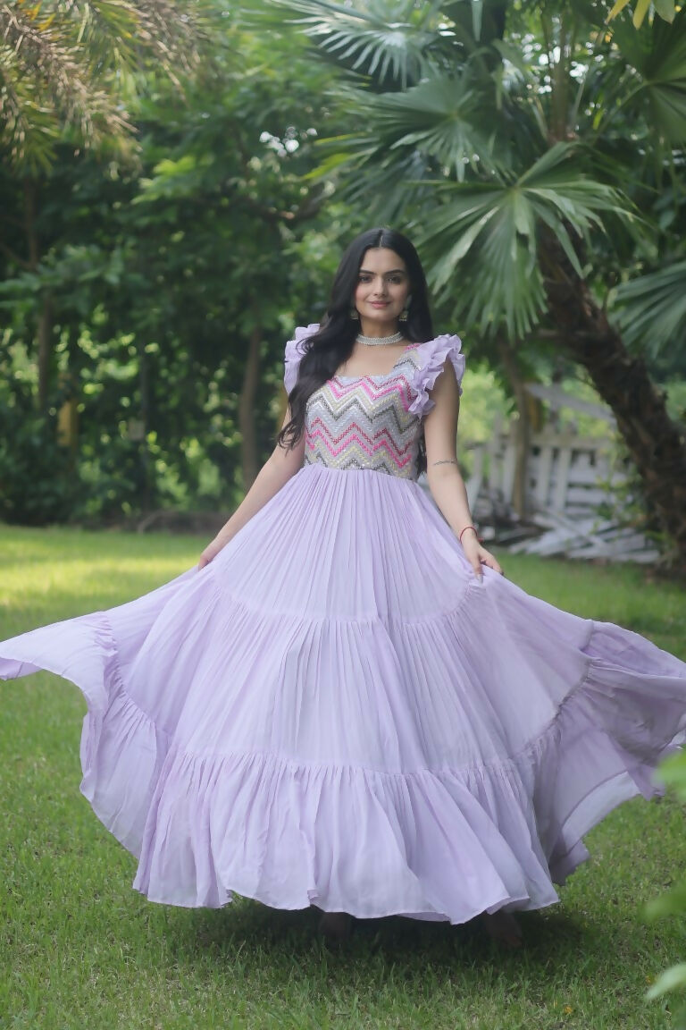 Jyoti Fashion Women's Purple Sequins Thread Embroidery Faux Georgette Anarkali Dress | Grocsy