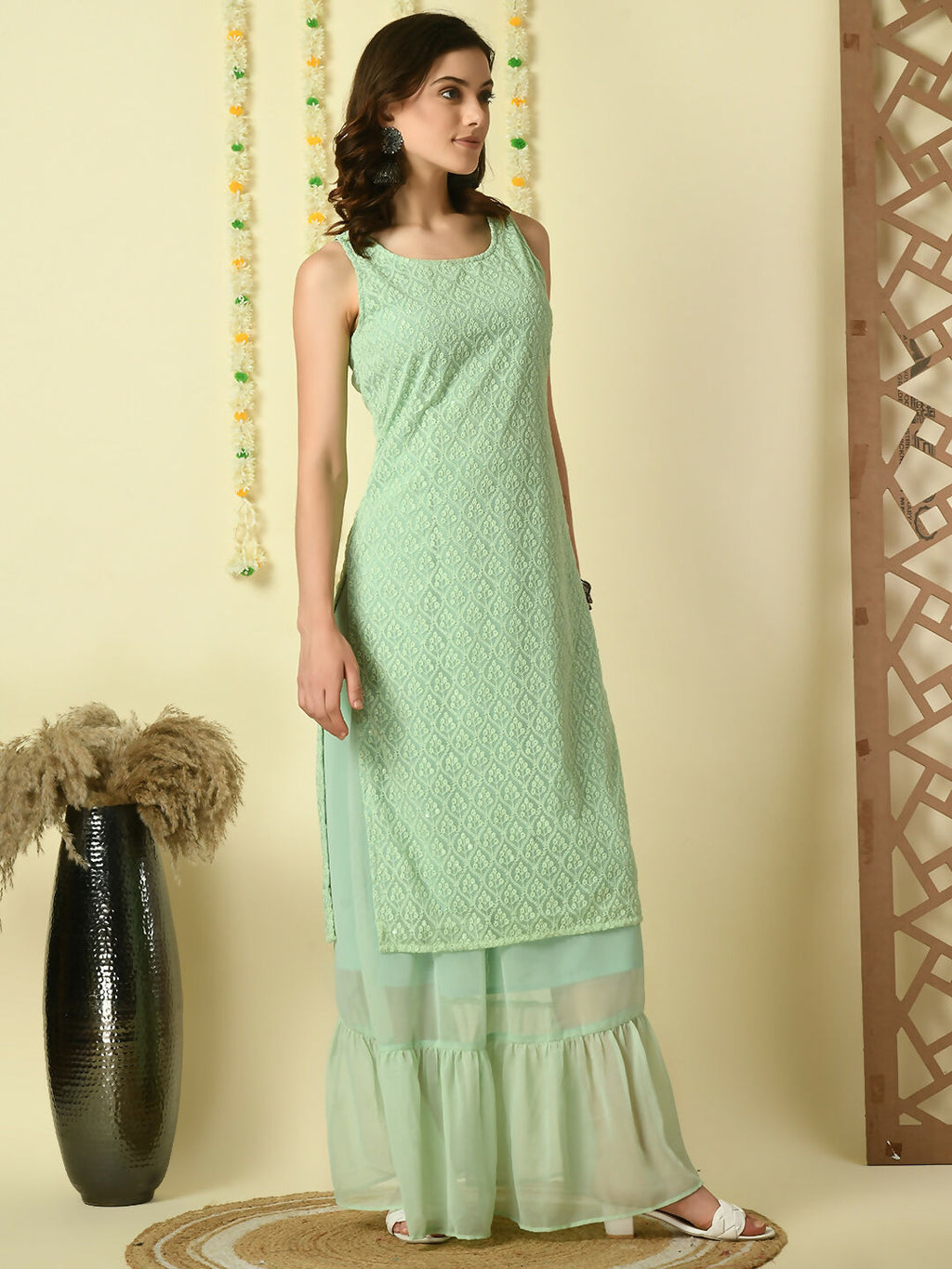 Myshka Women's Green Georgette Kurta & Skirt With Dupatta Party Sets | Grocsy