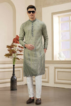 Raivat Ethnic Art Silk Thread Work Kurta Pajama In Green Colour | Grocsy