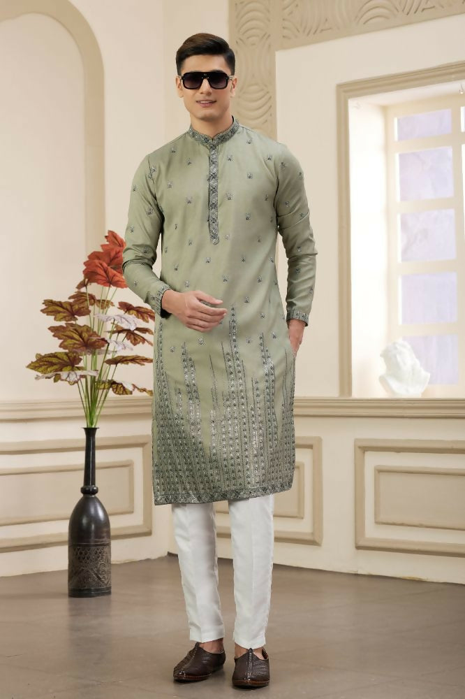 Raivat Ethnic Art Silk Thread Work Kurta Pajama In Green Colour | Grocsy