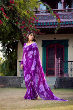 Vastranavya Purple Chiffon Floral Printed & Pearl Lace Border Saree with Unstitched Blouse | Grocsy