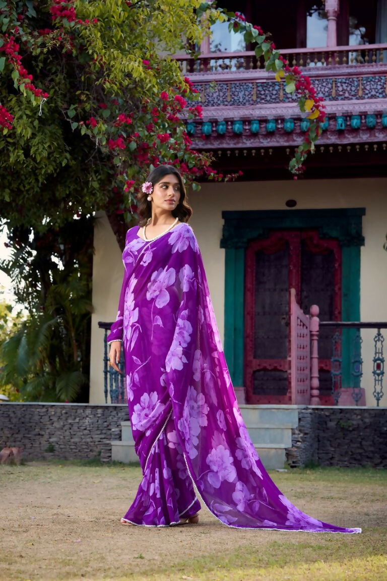 Vastranavya Purple Chiffon Floral Printed & Pearl Lace Border Saree with Unstitched Blouse | Grocsy