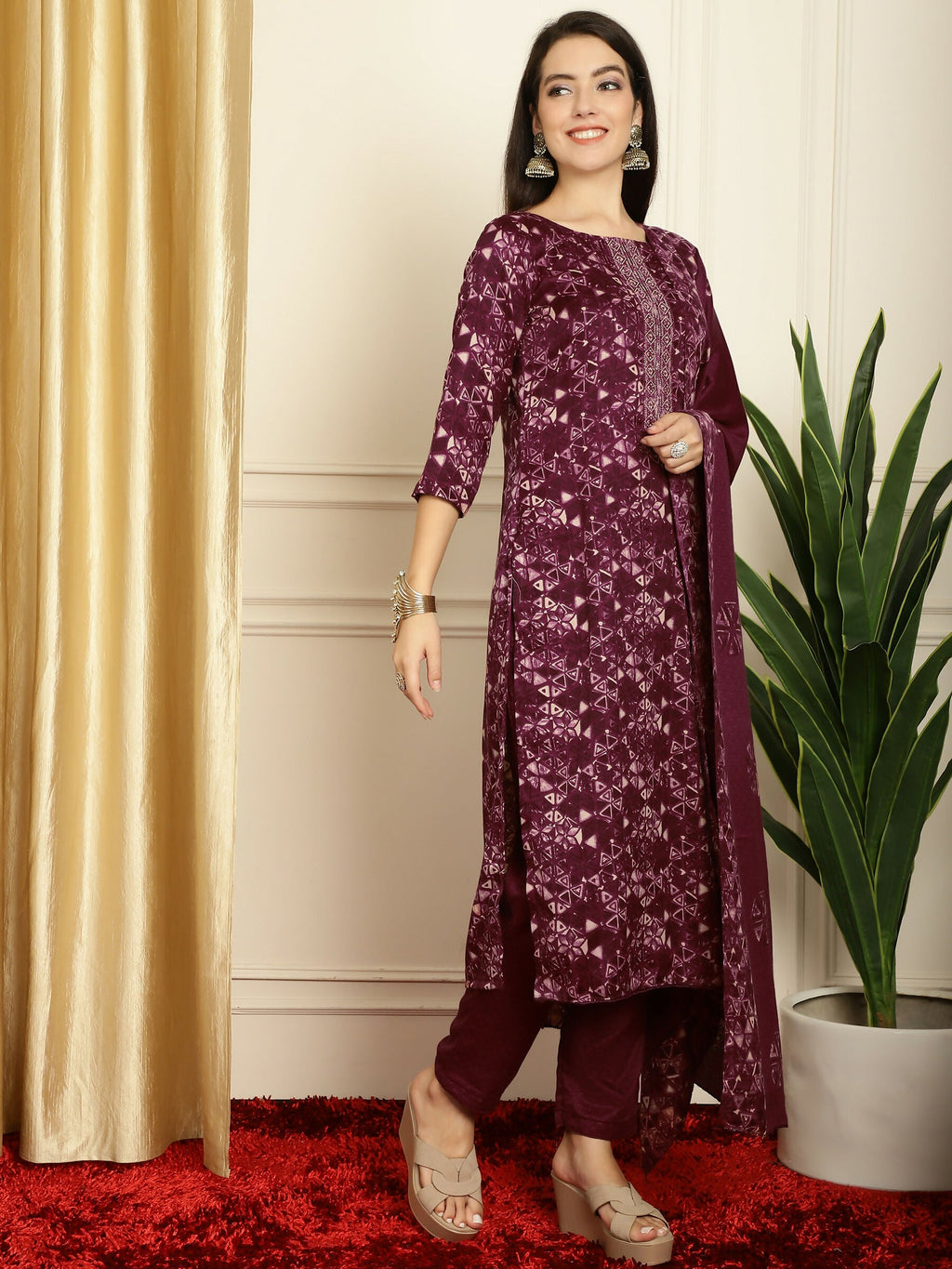 Jyoti Fashion Women's Wine Pashmina Floral Digital Printed Kurta with Trouser & Dupatta | Grocsy