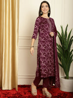 Jyoti Fashion Women's Wine Pashmina Floral Digital Printed Kurta with Trouser & Dupatta | Grocsy