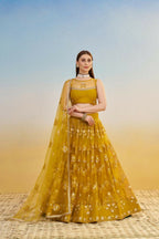 Aastha Fashion Mustard Yellow Butterfly Net Tone To Tone Cotton Thread Work And Sequence Work Embroidery Wedding Wear Lehenga Choli | Grocsy