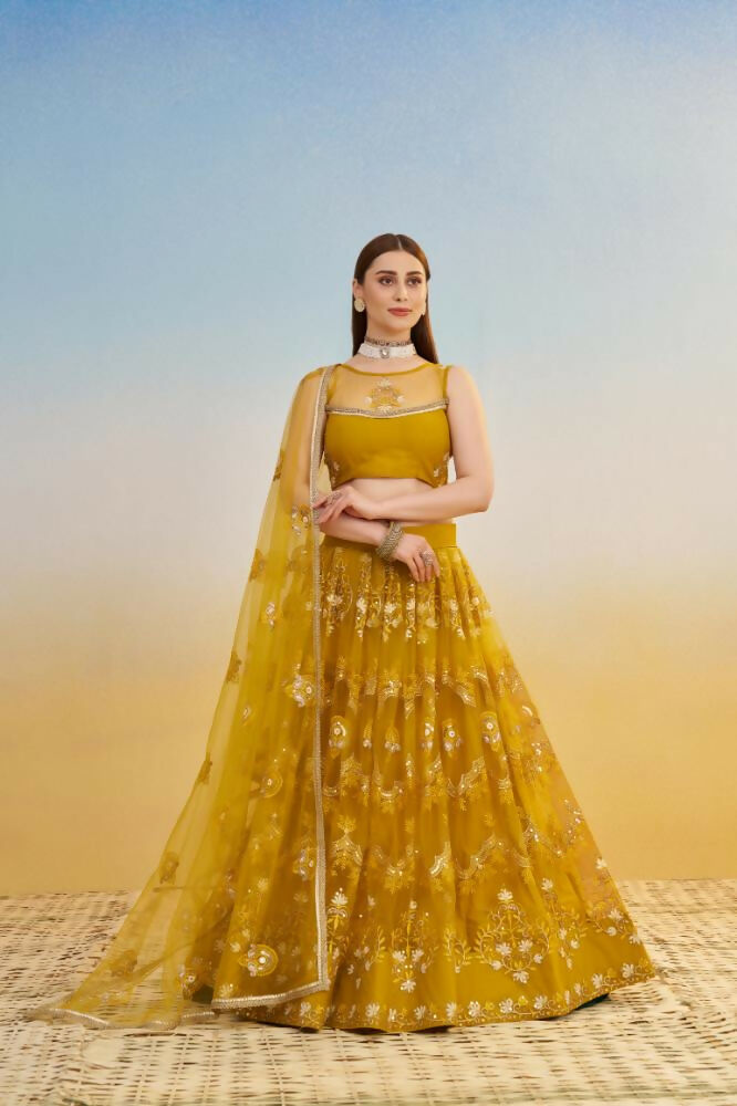 Aastha Fashion Mustard Yellow Butterfly Net Tone To Tone Cotton Thread Work And Sequence Work Embroidery Wedding Wear Lehenga Choli | Grocsy