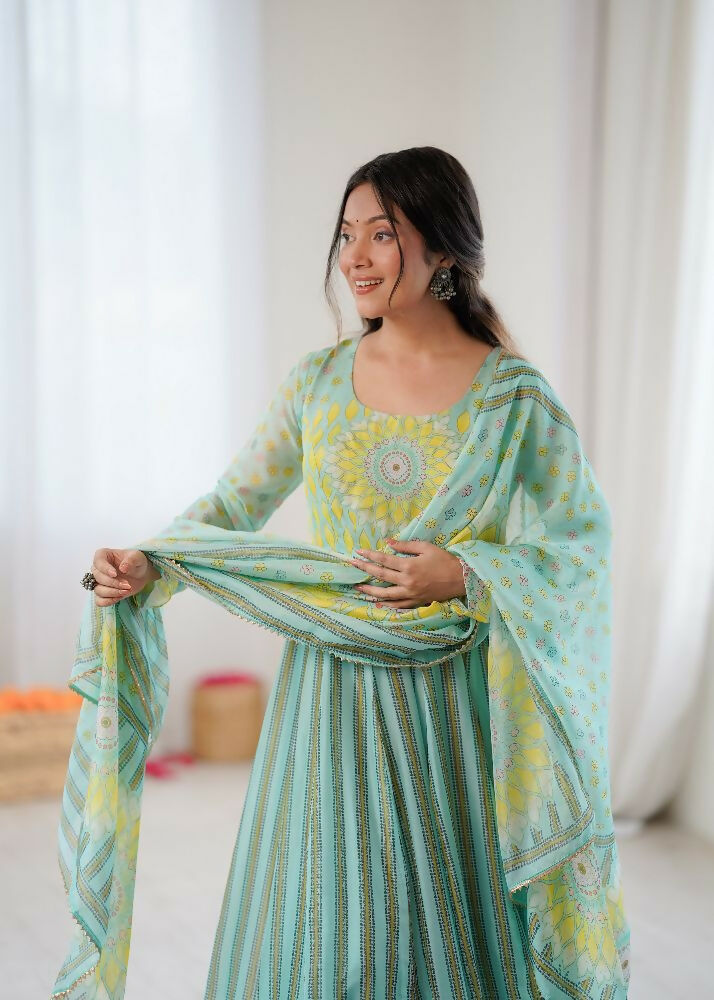 Teeya Creation Sky Soft Organza Digital Printed Party Wear Long Gown | Grocsy